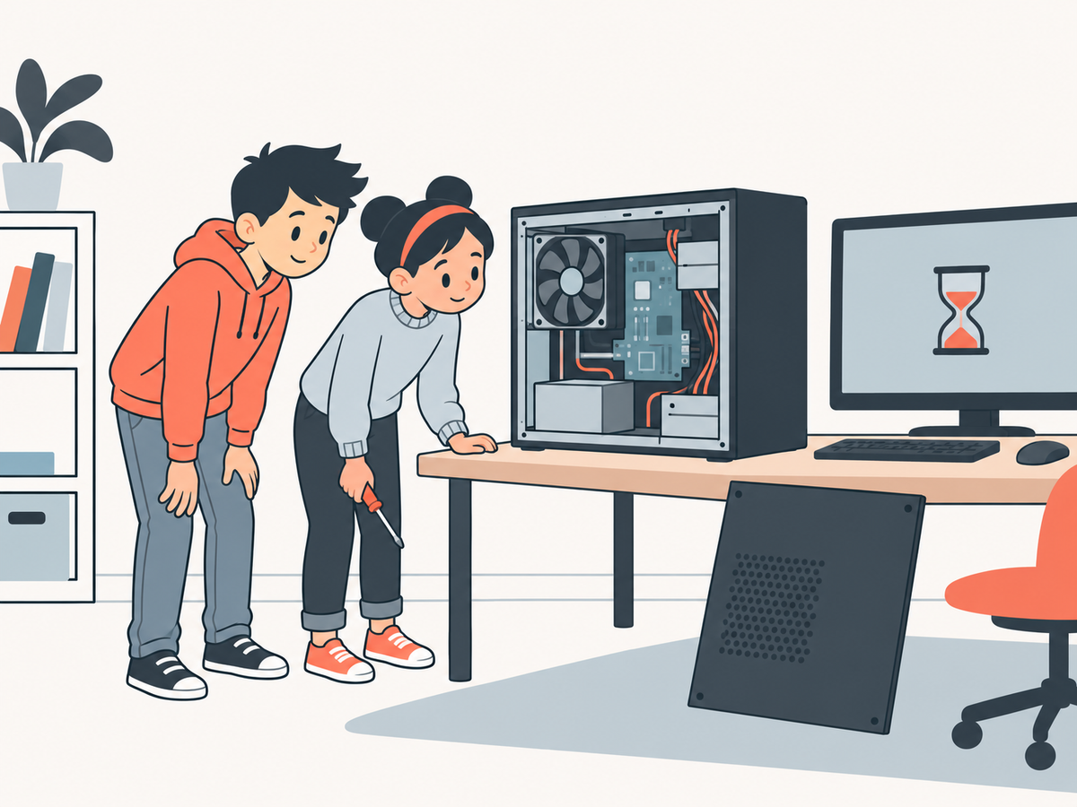 Zwei Kinder schauen in einen Computerturm, dessen Seitenwand abgenommen ist; das Mädchen hält einen Schraubenzieher, auf dem Bildschirm daneben eine Sanduhr.