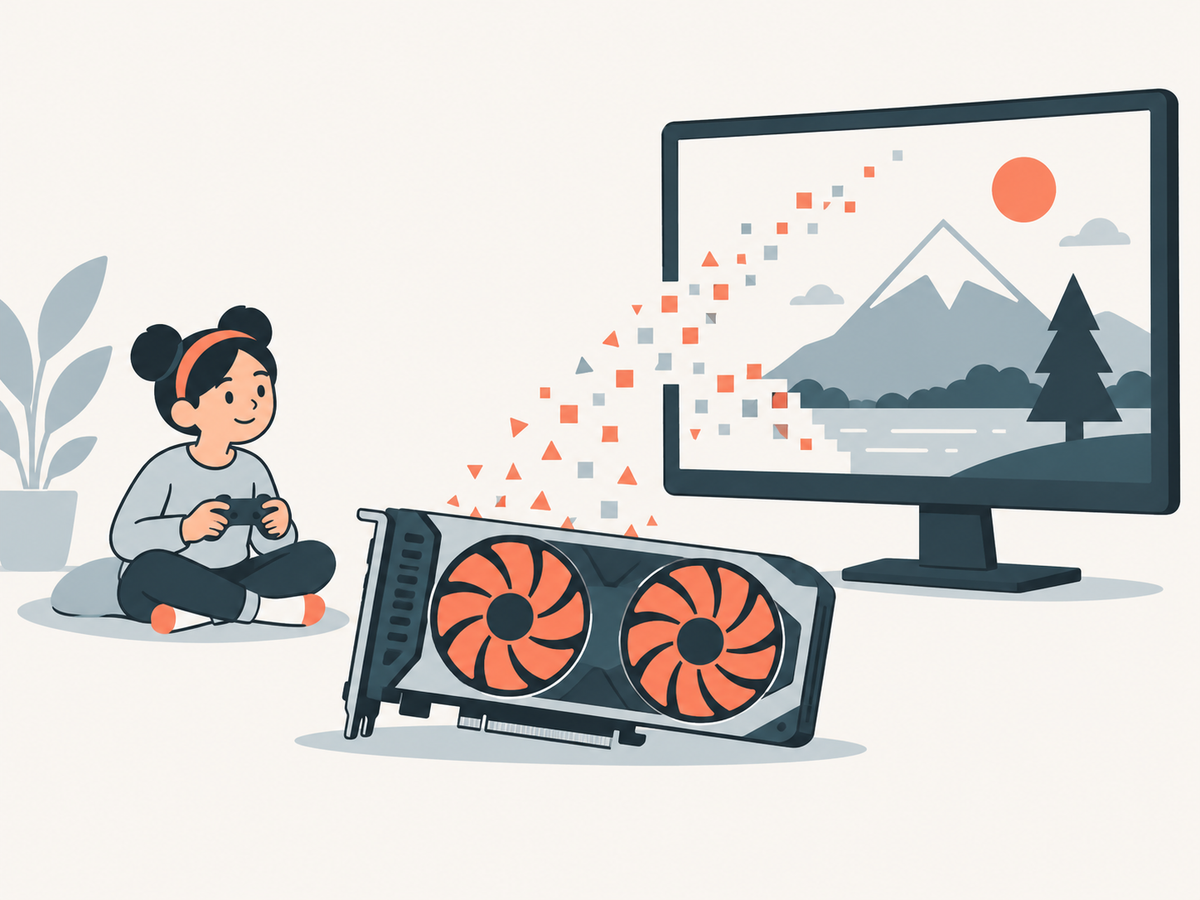 Aus einer Grafikkarte steigen kleine Dreiecke und Quadrate auf und setzen sich auf dem Bildschirm zu einer Landschaft zusammen; daneben sitzt ein Mädchen mit Controller.