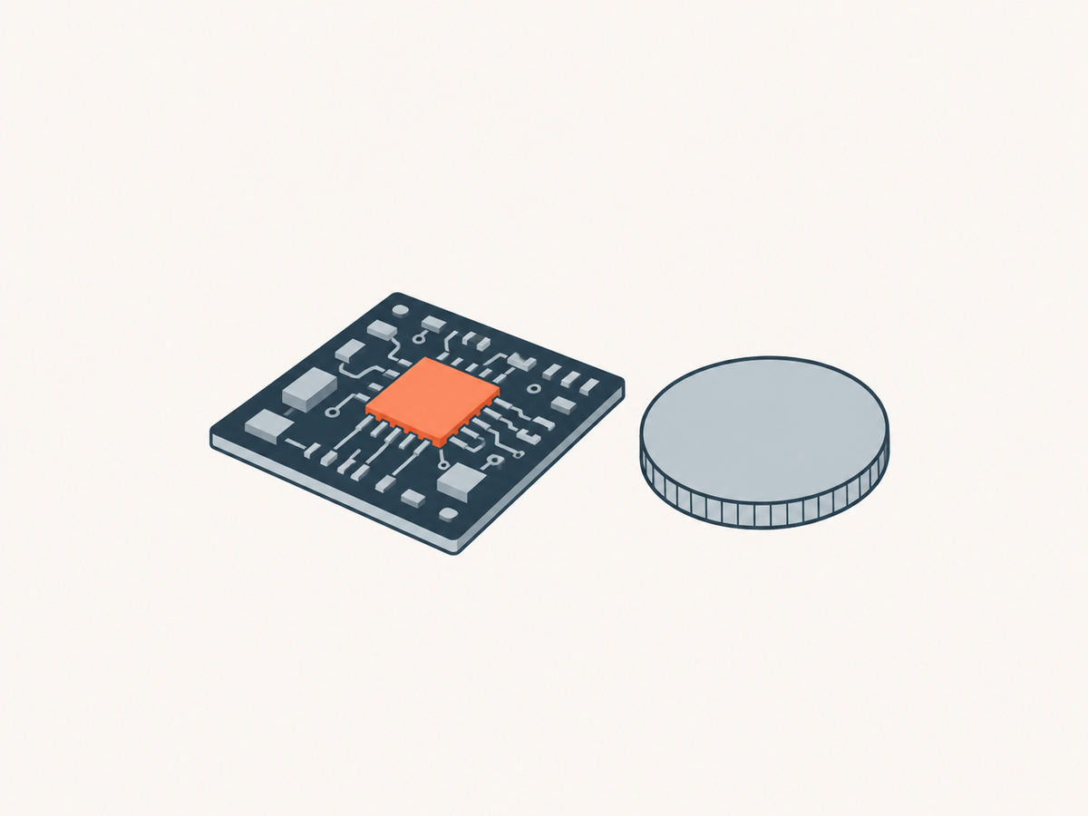 Ein kleiner, flacher, quadratischer Chip in Korall auf einer dunklen Platine, daneben eine Münze zum Größenvergleich.
