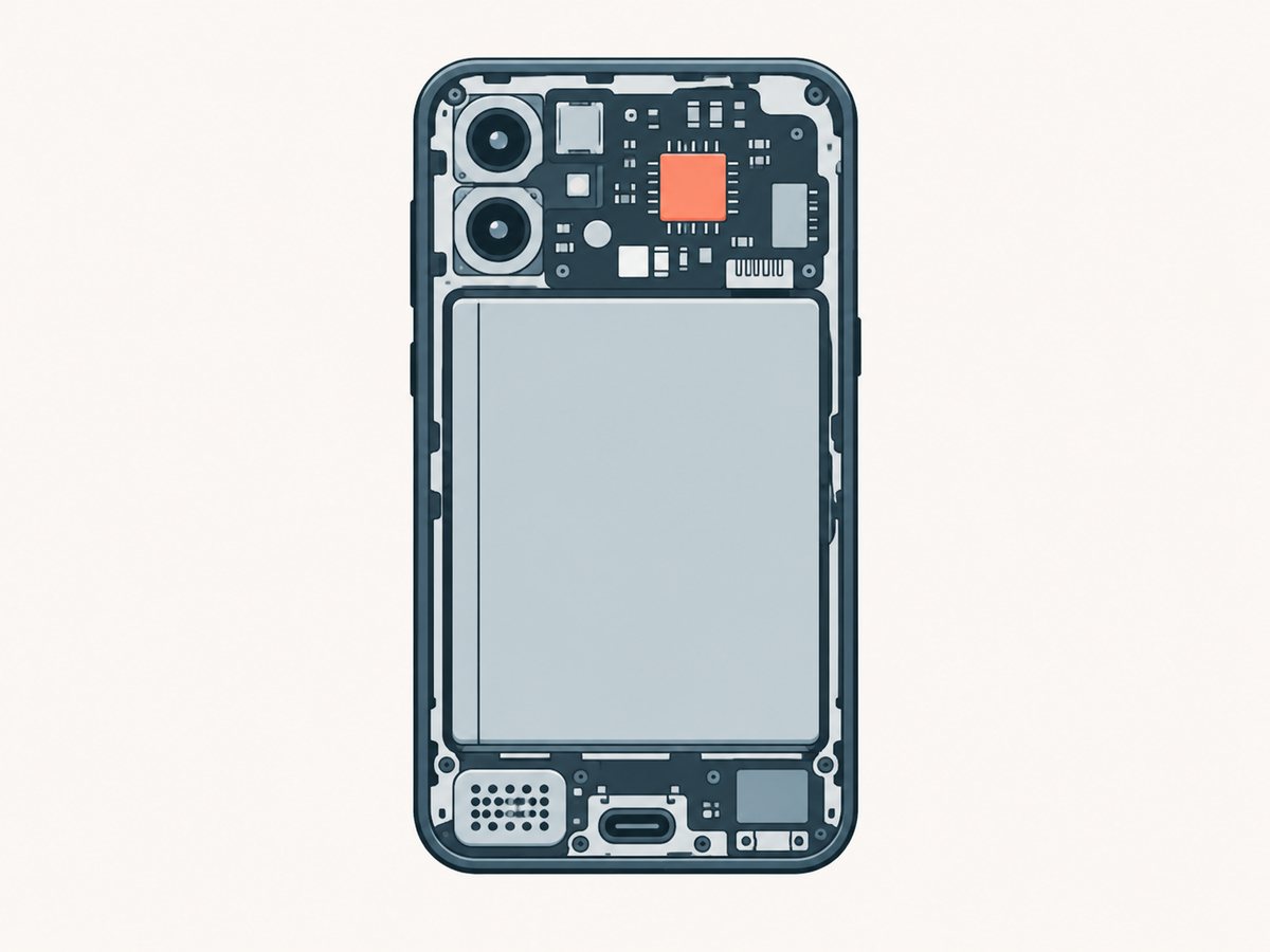 Ein geöffnetes Smartphone von hinten: oben eine kleine Platine mit Chip und Kameras, darunter der große, flache Akku.