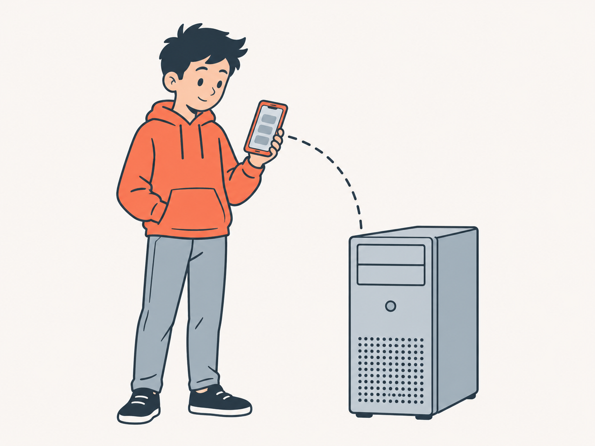Ein Junge hält ein Smartphone in der Hand, daneben steht ein großer Computerturm; eine gestrichelte Linie führt vom Turm zum Handy.