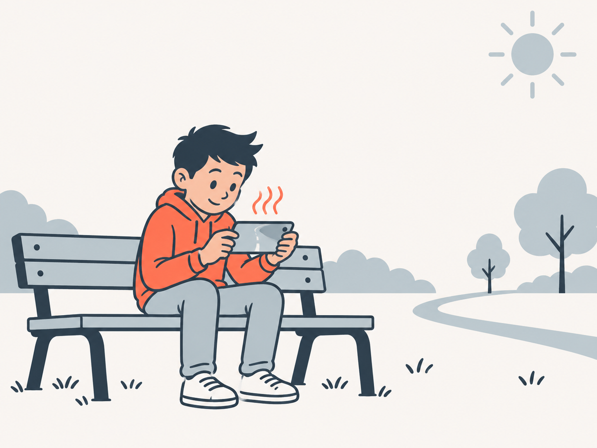 Ein Junge sitzt in der Sonne auf einer Bank und spielt auf dem Handy; über dem Handy deuten Wellenlinien Hitze an.