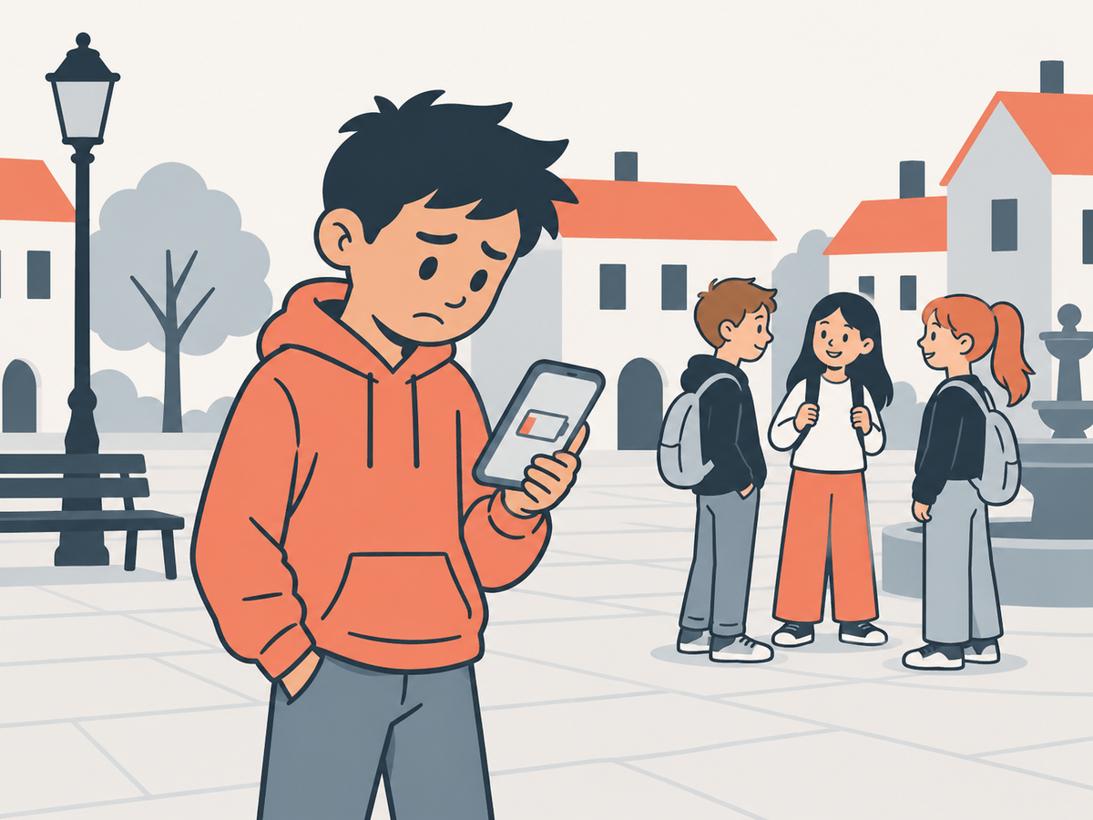 Auf einem Platz in einer Stadt schaut ein Junge enttäuscht auf sein Handy mit einem fast leeren Akku-Symbol; hinter ihm unterhalten sich drei Kinder.