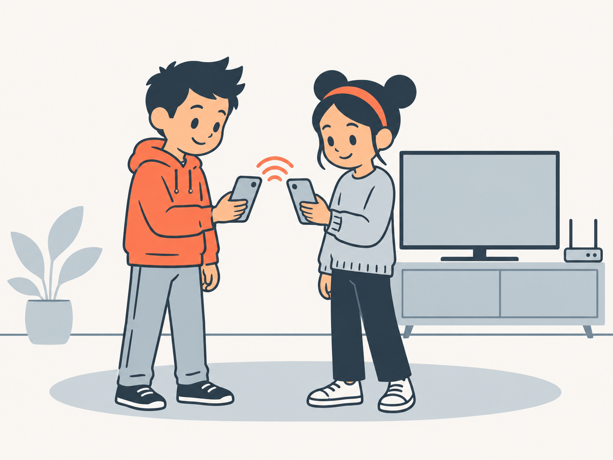 Zwei Kinder halten ihre Handys nebeneinander; zwischen den Geräten deuten Bögen Funkwellen an, im Hintergrund ein Fernseher und ein Router.