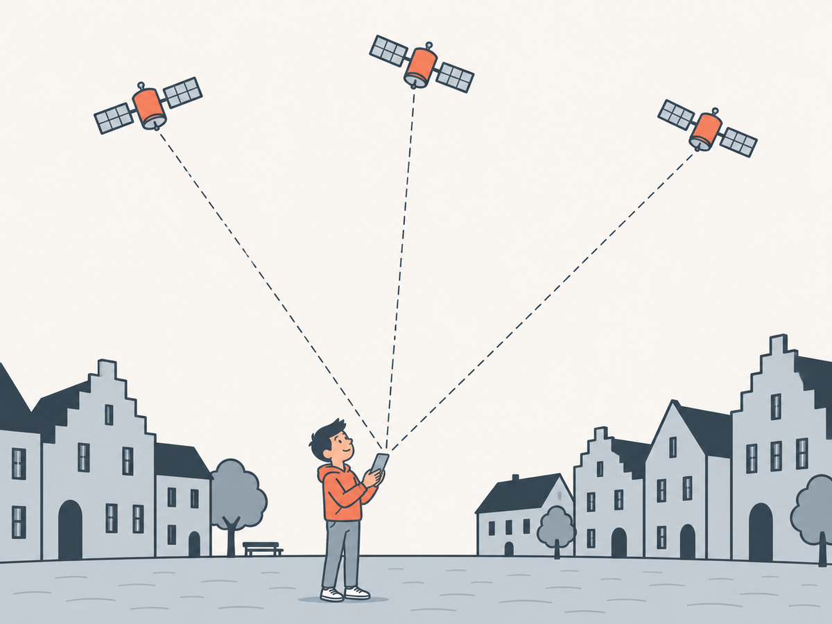 Ein Junge steht mit dem Handy in einer fremden Stadt; hoch am Himmel sind drei Satelliten angedeutet, von denen Linien zu ihm führen.
