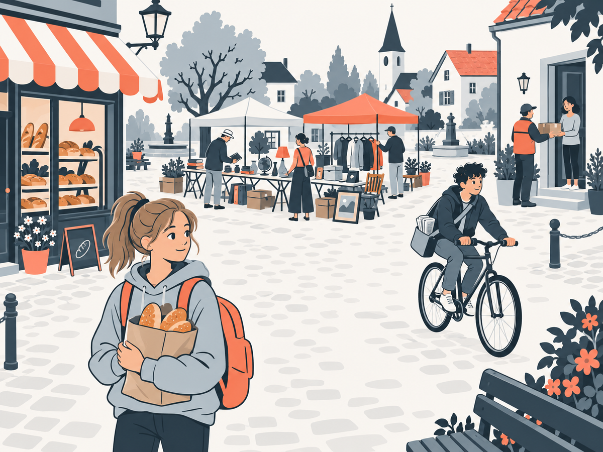 Eine Kleinstadt am Samstag: vorn ein Mädchen mit Brötchentüte vor der Bäckerei, dahinter ein Flohmarkt, eine Paketübergabe an einer Haustür und ein Jugendlicher mit Zeitungstasche auf dem Rad.