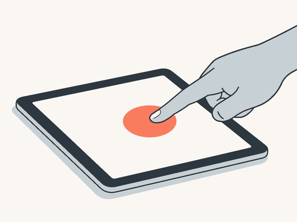 Ein Tablet, auf dessen Bildschirm ein Finger tippt, während gleichzeitig ein Bild darauf zu sehen ist.
