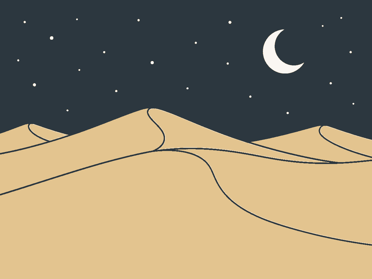 Dieselbe Dünenlandschaft bei Nacht: dunkelblauer Himmel, Mondsichel, Sterne als Punkte, der Sand blass und kalt.