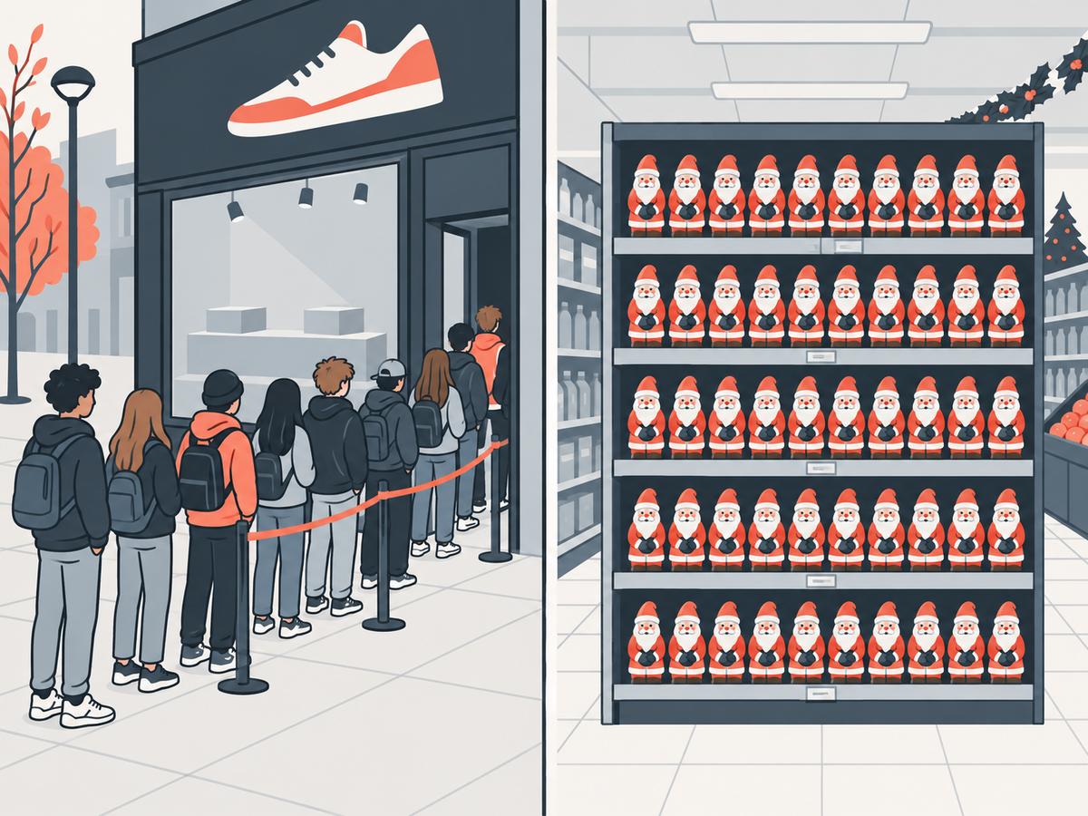 Links eine lange Schlange Jugendlicher vor einem Sneakerladen mit leerem Schaufenster, rechts ein Supermarktregal voller Schoko-Weihnachtsmänner, vor dem niemand steht.