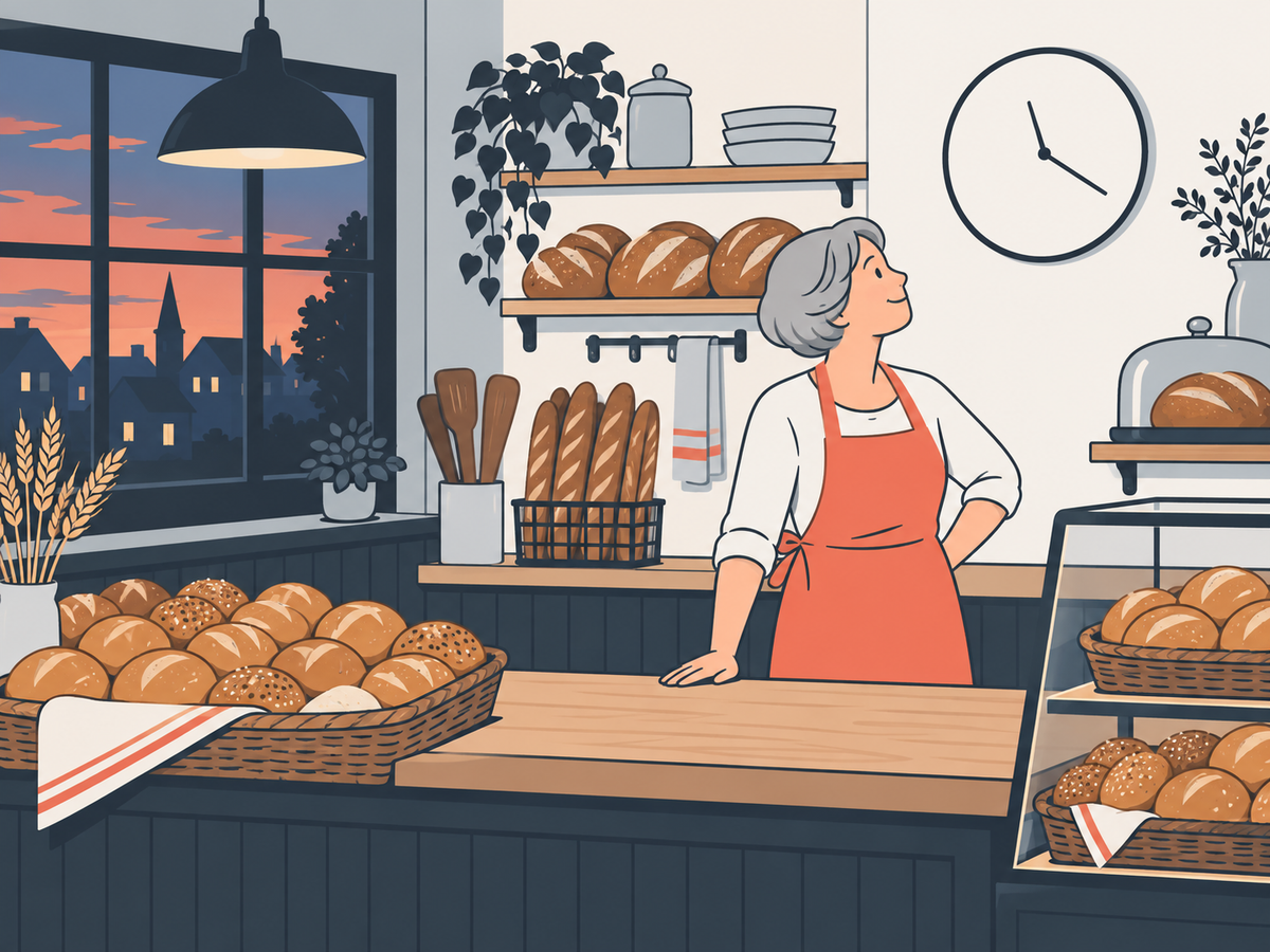 Eine Bäckerei am Abend: Draußen dämmert es, die Brötchenkörbe sind noch voll, die Bäckerin steht allein hinter der Theke und schaut zur Uhr.