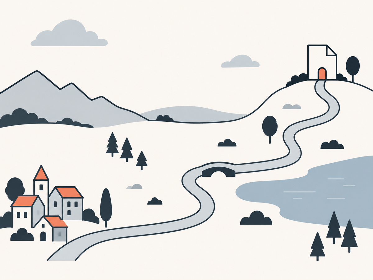 Ein Stadtplan: ein Weg führt vom Dorf über eine Straße zu einem Haus, das wie ein Blatt Papier aussieht.