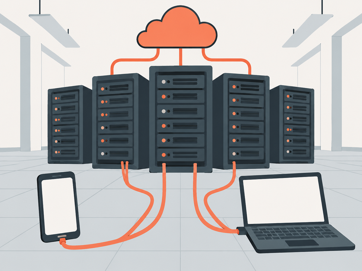 Eine Halle voller Server-Schränke, darüber eine Wolke; Kabel führen zu einem Handy und einem Laptop.