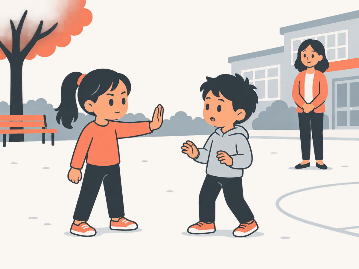 Zwei Kinder auf dem Schulhof: eines hebt abwehrend die Hand, im Hintergrund steht eine erwachsene Person.