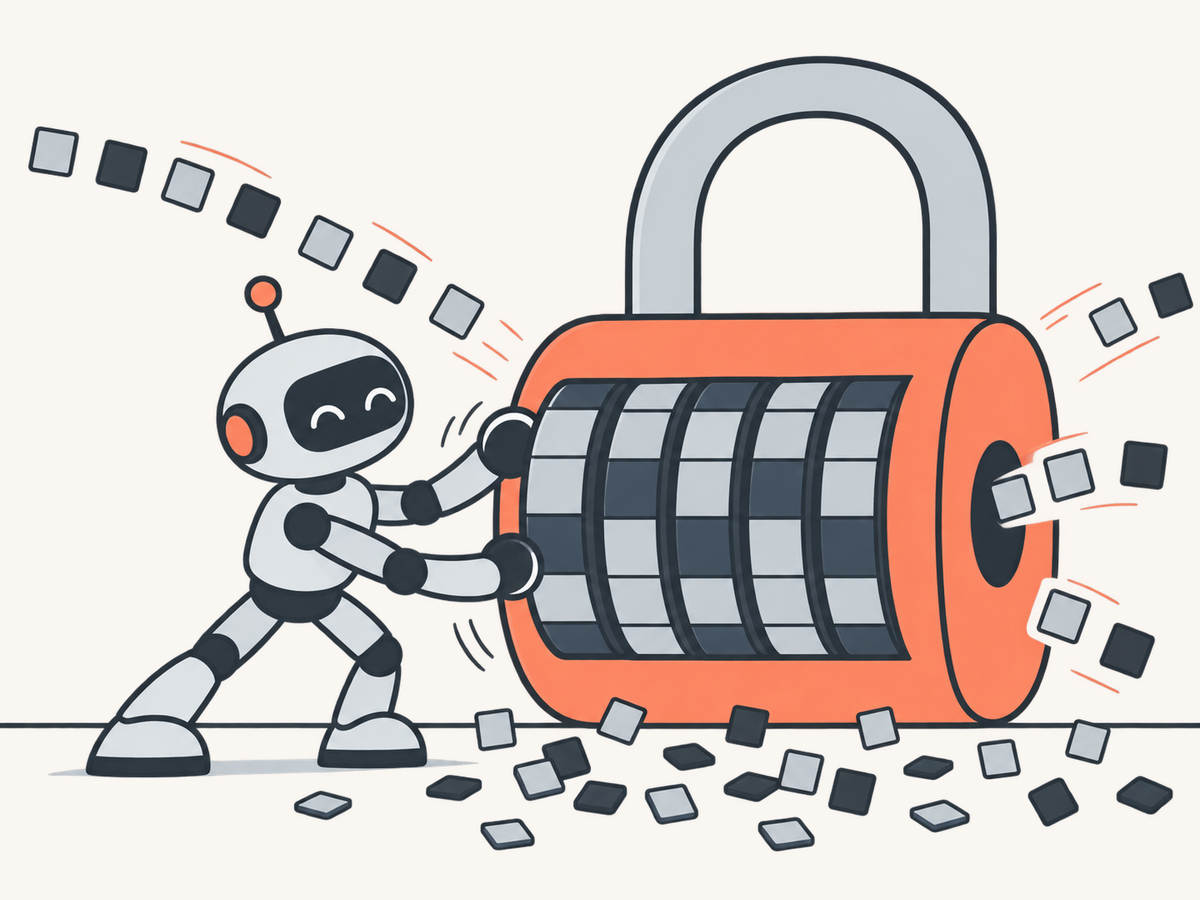 Ein Roboter dreht an den Ringen eines riesigen Zahlenschlosses; rundherum fliegen kleine Zettel.
