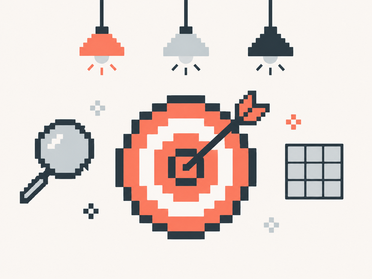 Eine Zielscheibe aus Pixelquadraten mit einem Pfeil in der Mitte, drumherum kleine Symbole: Lupe, Kästchenraster, drei Lämpchen.