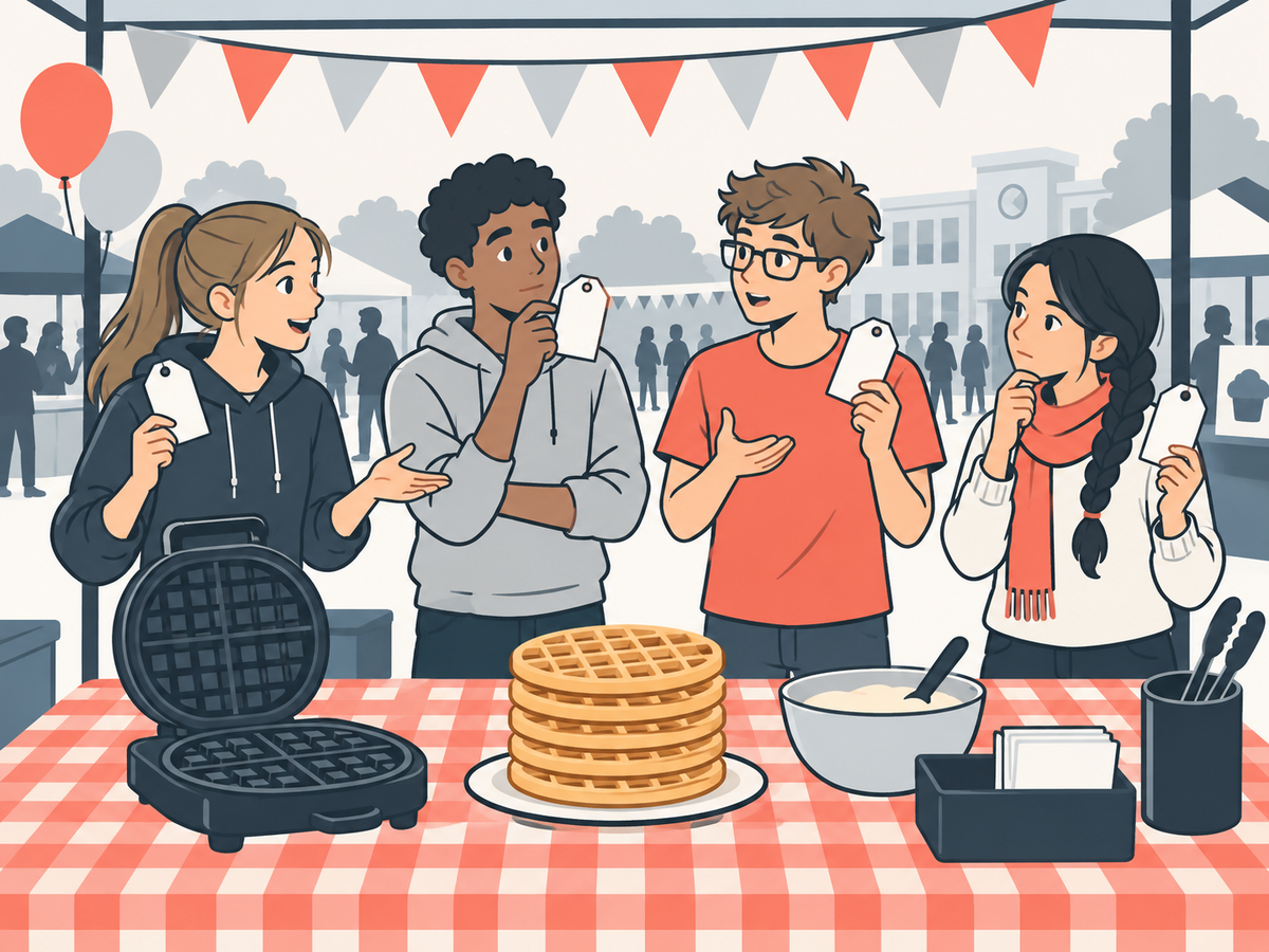 Vier Jugendliche hinter einem Waffelstand beim Schulfest; jeder hält ein leeres Preisschild hoch, vor ihnen ein Waffeleisen und ein Stapel Waffeln.