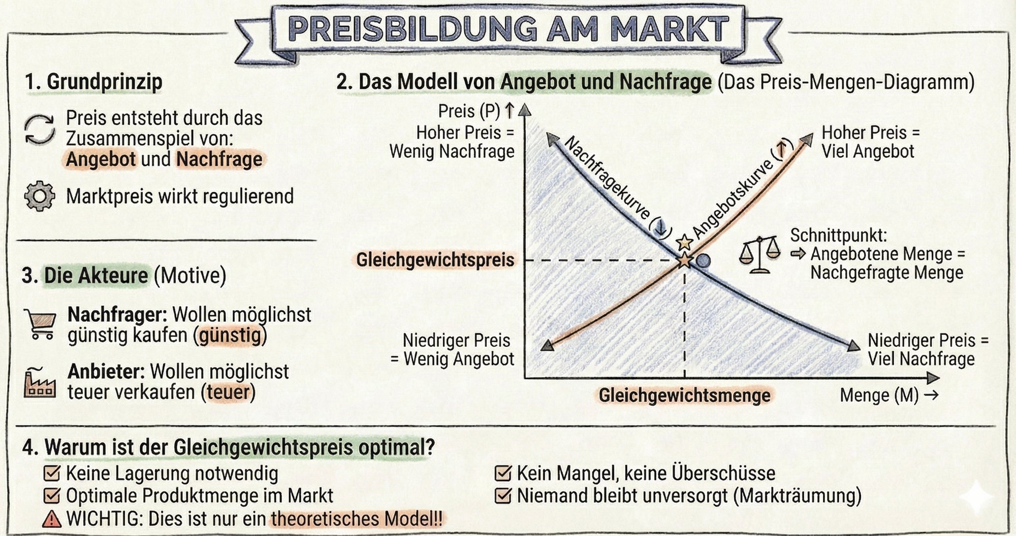 Sketchnote „Preisbildung am Markt“. 1. Grundprinzip: Der Preis entsteht durch das Zusammenspiel von Angebot und Nachfrage; der Marktpreis wirkt regulierend. 2. Das Preis-Mengen-Diagramm: Preis auf der senkrechten, Menge auf der waagerechten Achse; die Nachfragekurve fällt von links oben nach rechts unten (hoher Preis, wenig Nachfrage), die Angebotskurve steigt von links unten nach rechts oben (hoher Preis, viel Angebot); im Schnittpunkt sind angebotene und nachgefragte Menge gleich – dort liegen Gleichgewichtspreis und Gleichgewichtsmenge. 3. Die Akteure: Nachfrager wollen günstig kaufen, Anbieter teuer verkaufen. 4. Warum der Gleichgewichtspreis optimal ist: keine Lagerung, optimale Produktmenge, kein Mangel und keine Überschüsse, Markträumung; Warnhinweis: nur ein theoretisches Modell.