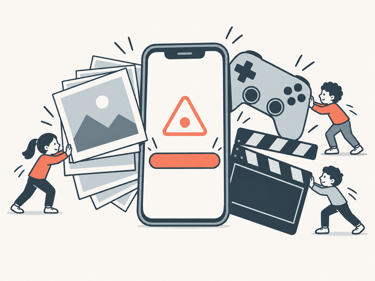 Ein Smartphone mit einer großen Warnmeldung auf dem Bildschirm, daneben ein Stapel Fotos, ein Spielcontroller und ein Film, die nicht mehr hineinpassen.