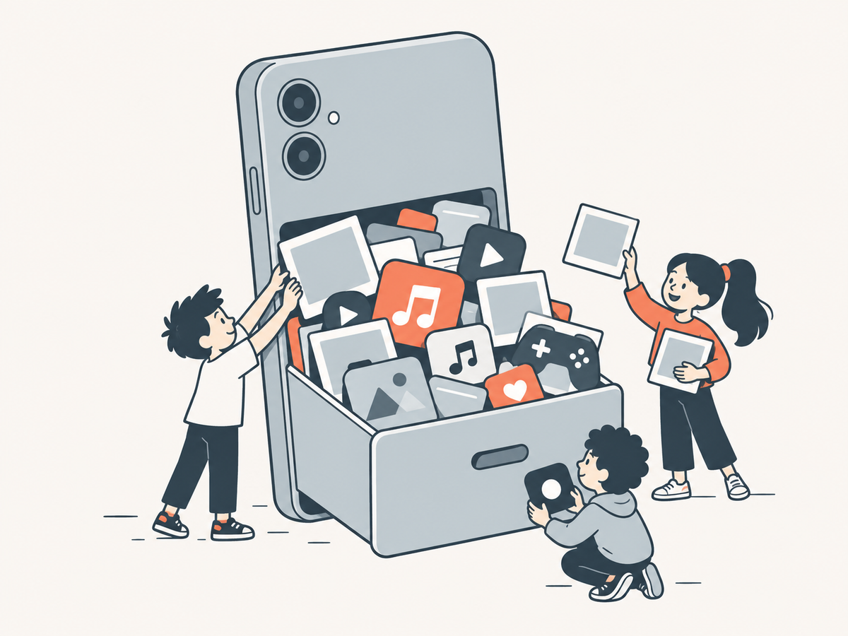 Ein aufgeklapptes Smartphone, aus dem wie aus einer Schublade Fotos, Musiknoten, Apps und ein Spiel herausquellen.